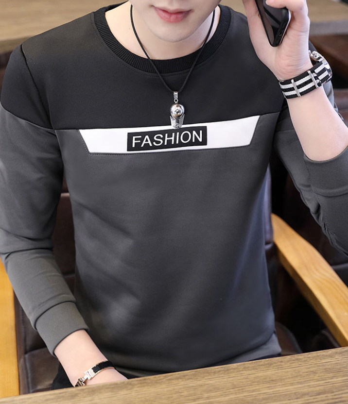 T-shirt men's color matching Sweatshirt slim t-shirt men's Long Sleeve Top Black Red