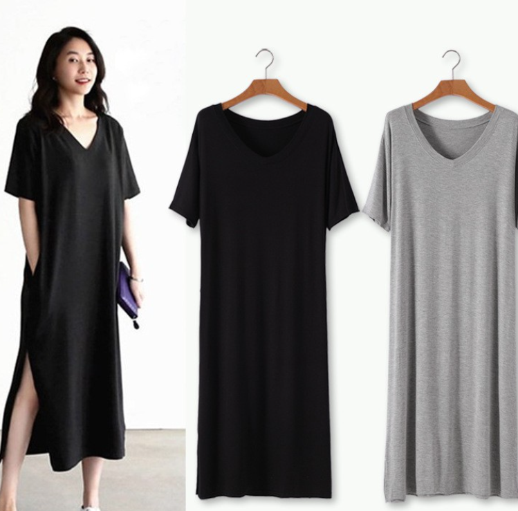 Plus Size Korean Women V-Neck Short Sleeved dresses Long Loose Comfortable Modal Casual Split T-shirt Dress C1131