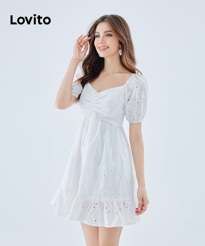Lovito Casual Plain Ruffle Hem Short Sleeves A-Line Mini Dress for Women L49ED093 (White)